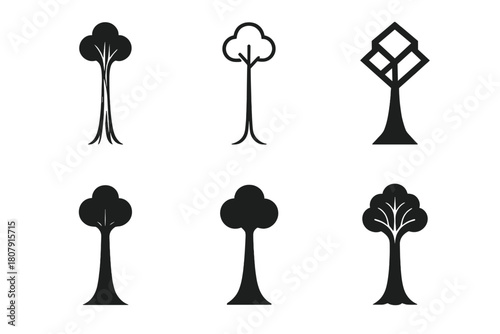Tall Tree Logos. Tall tree reaching sky. Icon set. Set Logo of tall tree reaching sky: single oak tree under clouds. harmonious logo variations of the same