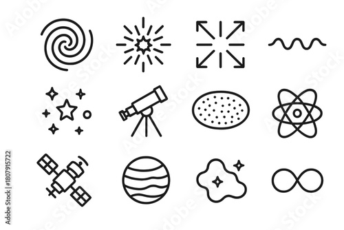 Universe Icon Set. Observable universe. Line icon set of observable universe: telescope, cosmic horizon, galaxy map, redshift graph, photon path, cosmic