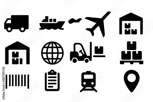 Freight Transport Icons. Freight Transport. Solid icon set of Freight Transport: delivery truck, cargo ship, airplane, shipping container, warehouse, globe,