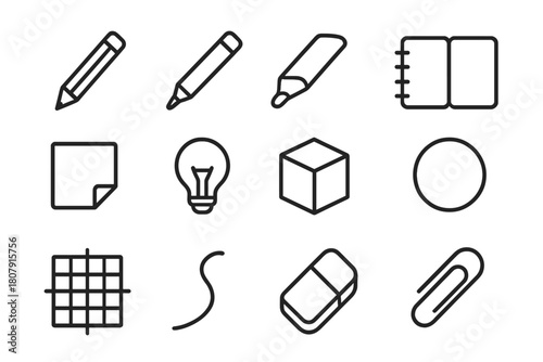 Sketch Icon Set. Concept sketch. Line icon set of concept sketch: pencil, fineliner pen, marker, sketchbook, sticky note, light bulb, rough cube, sphere,