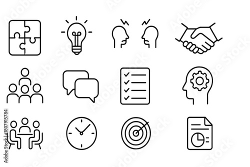 Problem-Solving Icons. Problem-solving workflow. Line icon set of Problem-solving workflow: puzzle pieces, lightbulb, two people arguing, handshake, mediator,