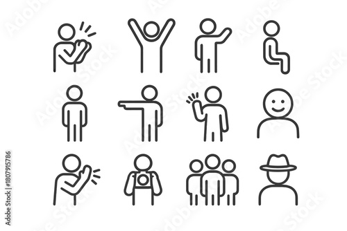 Audience Reaction Icons. Audience reaction. Line icon set of Audience reaction: person clapping, person cheering, person raising hand, person sitting, person