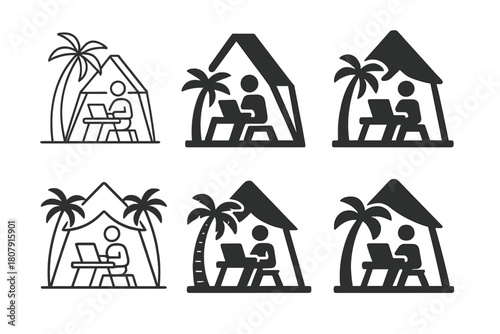 Freelancer Beach Logo Variations. Freelancer working from a tropical location. Icon set. Set Logo of Freelancer working from a tropical location: Beachside