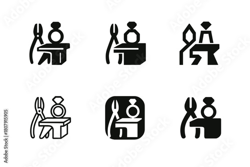 Jewelry Icon Set. Creating jewelry. Icon set. Set Logo of creating jewelry: jeweler?s workbench with tools and ring mold. harmonious logo variations of the