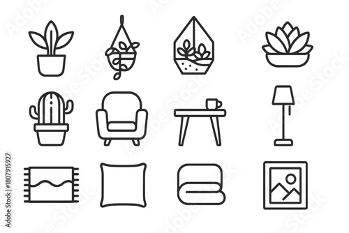 Indoor Plant Icons. Indoor plant corner. Line icon set of indoor plant corner: potted plant, hanging plant, terrarium, succulent, cactus, armchair, small