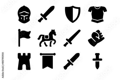 Medieval Knight Icons. Medieval knights. Solid icon set of medieval knights: helmet, sword, shield, armor, flag, horse, lance, gauntlet, castle tower, banner,