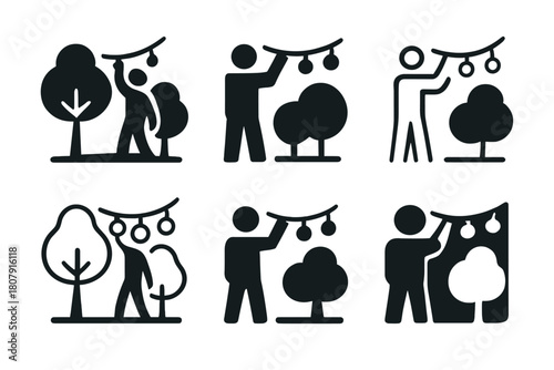 Fairy Lights Logo Icons. Setting up outdoor fairy lights. Icon set. Set Logo of setting up outdoor fairy lights: garden party ambiance. harmonious logo