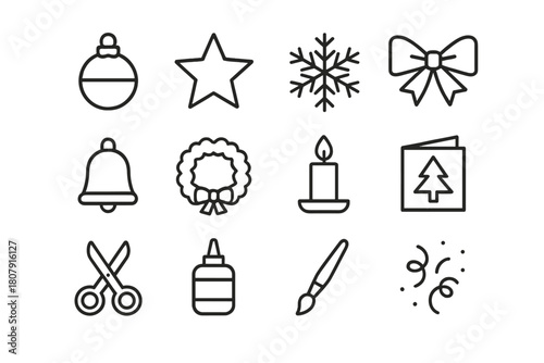 Holiday Craft Icons. Holiday crafts. Line icon set of holiday crafts: ornament ball, star, snowflake, ribbon bow, bell, wreath, candle, card, scissors, glue,