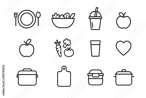 Healthy Family Meal Icons. Healthy family meals. Line icon set of healthy family meals: plate, fork, spoon, salad bowl, smoothie cup, fruit, vegetables, water