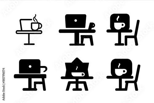 Digital Nomad Icons. Digital nomad lifestyle and travel work. Icon set. Set Logo of Digital nomad lifestyle and travel work: Airplane with laptop. harmonious