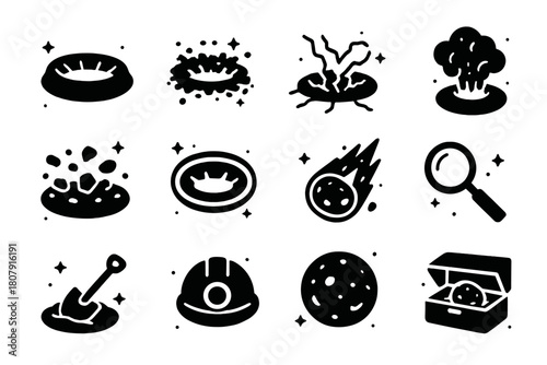 Meteorite Impact Icons. Meteorite impact craters. Solid icons set of Meteorite impact craters: crater rim, debris field, cracked ground, dust plume, rock
