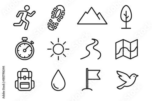 Trail Running Icons. Trail running. Solid icon set of Trail running: mountain path, forest tree, runner, rocks, slope, compass, hydration pack,