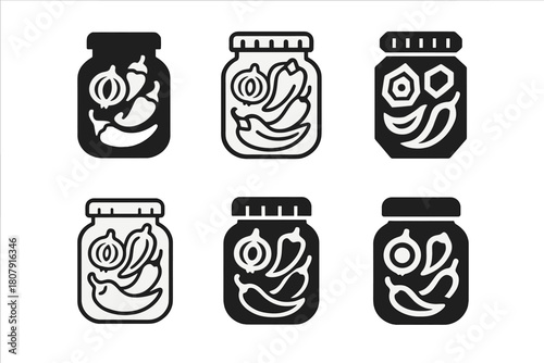 Pickled Food Icons. pickled food. Icon set. Set Logo of pickled food: vintage jar label design. harmonious logo variations of the same emblematic concept, each