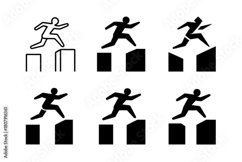 Parkour Logo Variations. Urban parkour. Set Logo of Urban parkour: rooftop leap silhouette. harmonious logo variations of the same emblematic concept, each