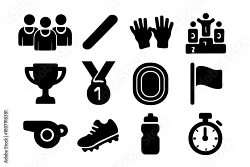 Team Spirit Icons. Team Spirit. Solid icon set of Team Spirit: group of athletes, baton, cheering hands, podium, trophy, medal, track, flag, whistle, sneakers,