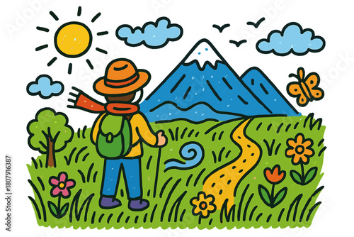 Whimsical Mountain Adventure. mountain view. Colorful Hand-drawn doodle Children illustration mountain view person, tall grass, wind, distant mountain, clouds,