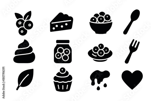 Berry Dessert Icons. Berry desserts. Solid icon set of berry desserts: berries, pie slice, bowl, spoon, whipped cream, jar, plate, fork, leaf, cupcake, sauce