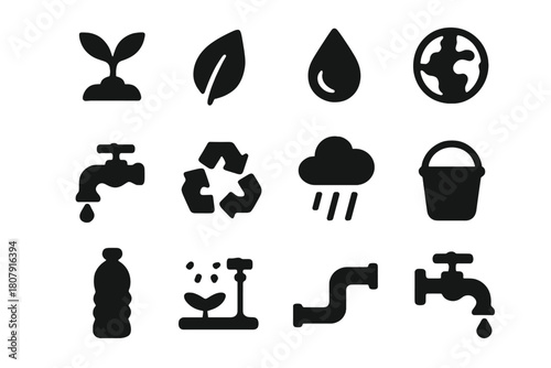 Eco-Friendly Icon Set. Eco-friendly practices. Solid icon set of Eco-friendly practices: plant, leaf, water droplet, globe, faucet, recycling symbol, rain