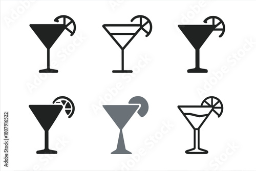 Alcoholic Drink Icons. Alcoholic Beverages. Icon set. Set Logo of Alcoholic Drinks: whiskey glass with ice cubes. harmonious logo variations of the same
