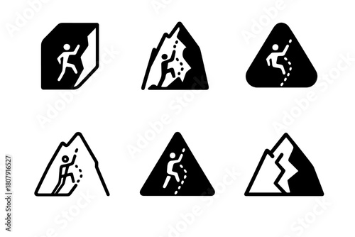 Ice Climbing Icon Set. Ice climbing. Icon set. Set Logo of ice climbing: climber ascending a frozen waterfall. harmonious logo variations of the same