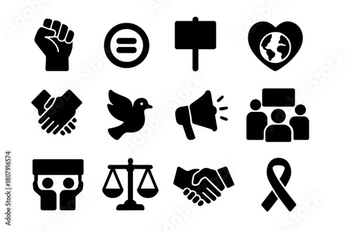 Anti-Racism Symbols. Anti-Racism Movements. Solid icon set of Anti-Racism Movements: raised fist, equality symbol, protest sign, heart globe, linked hands,