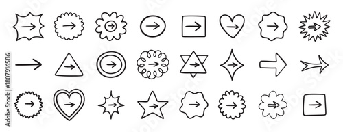 Cute arrow in frame set for bullet journal doodle hand drawn icon set. Diary note arrow elements in the shape of flower, star, heart, circle.