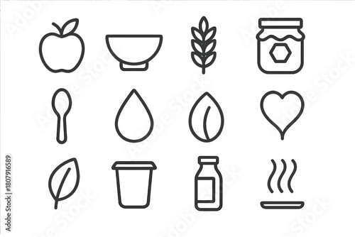 Nutritious Eating Icons. Nutritious eating. Line icon set of nutritious eating: apple, bowl, grain, honey jar, spoon, water droplet, seed, heart, leaf, yogurt