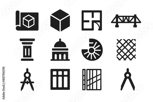 Architectural Complexity Icons. Architectural Complexity. Solid icon set of Architectural Complexity: blueprint, isometric cube, floor plan, bridge structure,