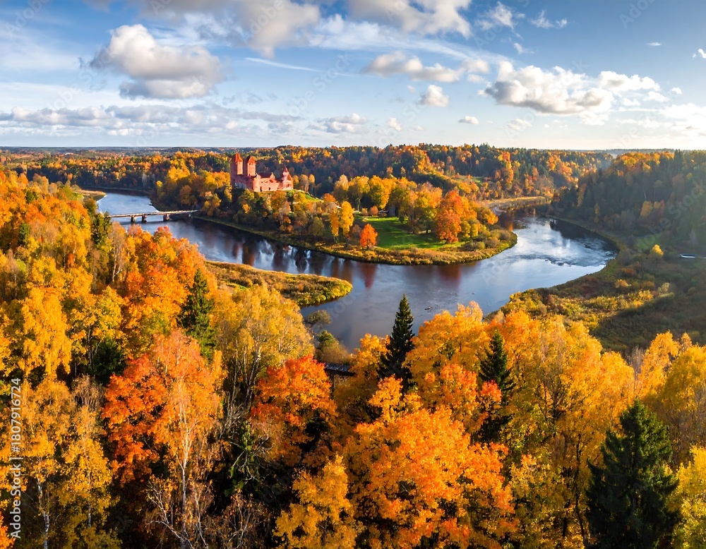 Obraz premium Picturesque aerial view of Turaida Castle and Gauja river valley in autumn season