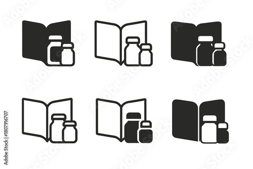 Home Cooking Icons. Home cooking. Icon set. Set Logo of home cooking: open recipe book beside spice jars. harmonious logo variations of the same emblematic