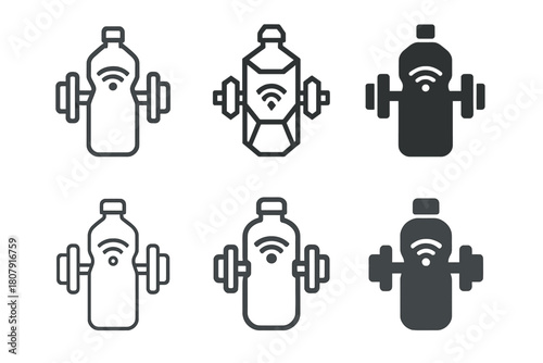 Custom Fitness Logos. Personalized fitness equipment. Icon set. Set Logo of personalized fitness equipment: gym bag monogram. harmonious logo variations of the