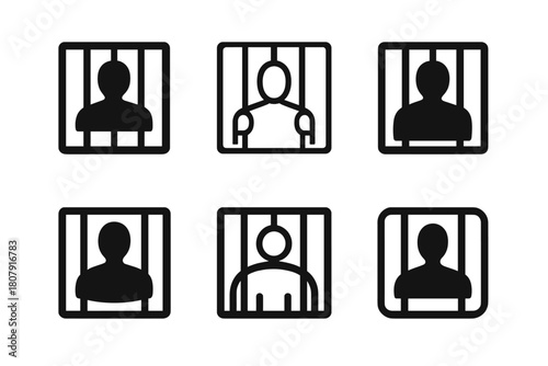Arrest Iconography Variations. Person Arrested on Suspicion of Crime. Icon set. Set Logo of Arrest Scene: silhouette of suspect behind bars. harmonious logo