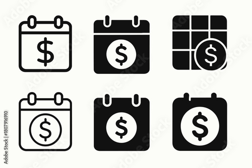 Monthly Expense Icons. Tracking monthly expenses. Icon set. Set Logo of tracking monthly expenses: calendar page with currency symbol overlay. harmonious logo