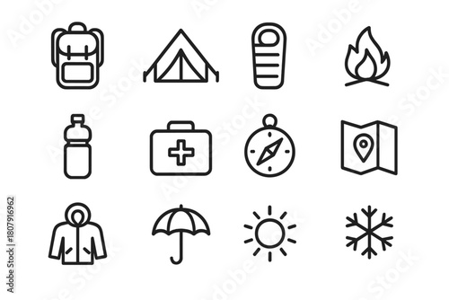 Extreme Kit Icons. Extreme conditions kit. Line icon set of Extreme conditions kit: backpack, tent, sleeping bag, fire, water bottle, first aid kit, compass,
