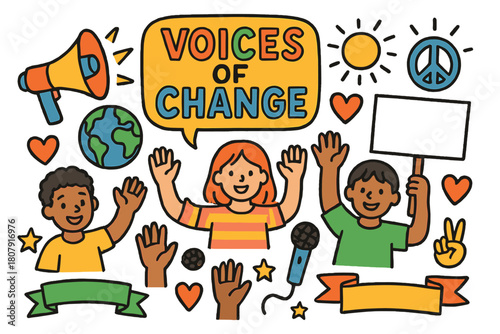 Voices of Change. Voices of change. Colorful Hand-drawn doodle Children illustration Voices of change megaphone, speech bubble, raised hands, globe, peace