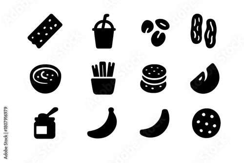 Vegan Snack Icons. Healthy vegan snacks. Solid icon set of Healthy vegan snacks: granola bar, smoothie cup, nuts, dried fruit, hummus bowl, veggie sticks, rice