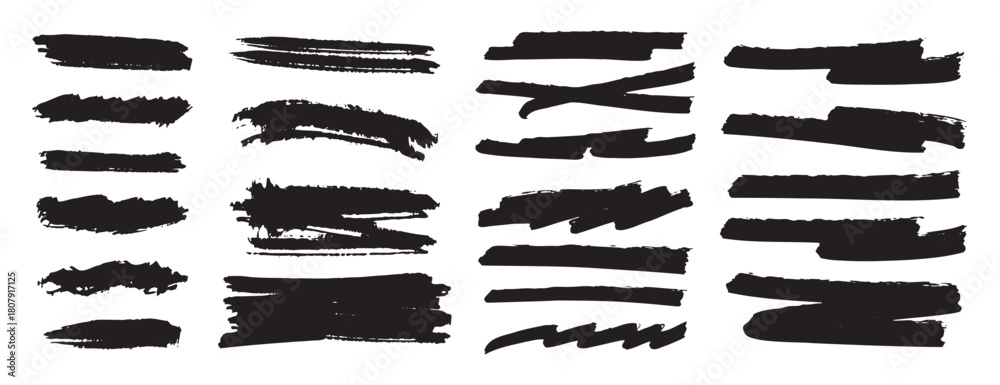 Naklejka premium black paint ink brush strokes lines set. Underline dirty grunge bold design elements.