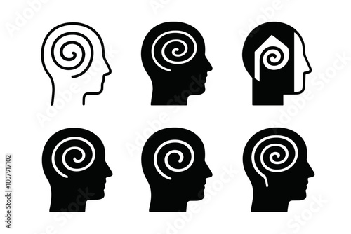 Mind Icons in Darkness. Overactive mind in a peaceful, dark room. Icon set. Set Logo of overactive mind in a peaceful, dark room: silhouette head with swirling