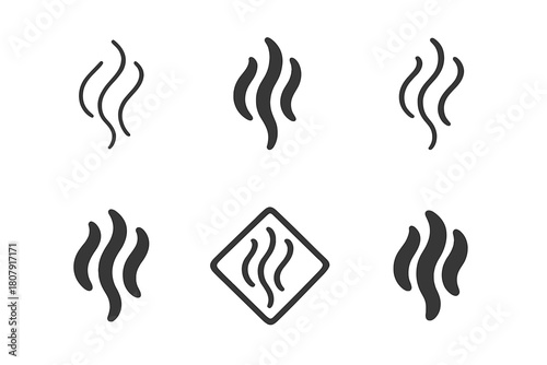 Steam Swirl Icons. Preparing a warm drink. Icon set. Set Logo of Steam Swirl: Wavy heat lines. Abstract geometric, Stylized detail, Minimal outline, Filled