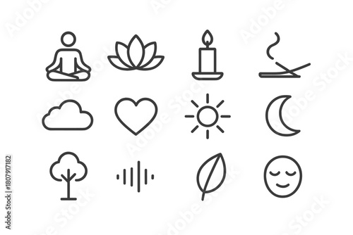 Meditative Icon Set. Meditation and Mindfulness. Line icon set of Meditation and Mindfulness: person sitting, lotus, candle, incense, cloud, heart, sun, moon,