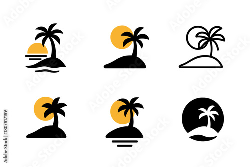 Island Logo Variations. Island. Icon set. Set Logo of Island: small island with sunset horizon. harmonious logo variations of the same emblematic concept, each