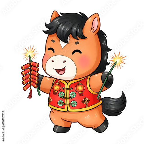 Adorable Kawaii 2026 Chinese New Year Horse Character with Red Vest and Festive Fireworks, on transparent background
