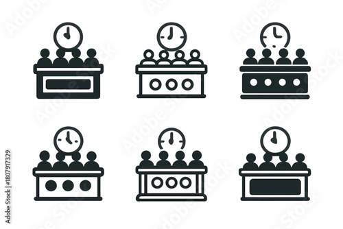 Courtroom Jury Icons. Jury in the courtroom. Icon set. Set Logo of Jury in the courtroom: Courtroom bench. harmonious logo variations of the same emblematic
