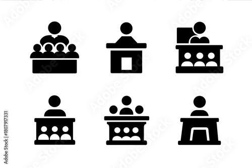 Courtroom Emblem Variations. Jury in the courtroom. Icon set. Set Logo of Jury in the courtroom: Judge?s podium. harmonious logo variations of the same