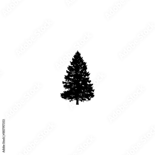 A solitary evergreen tree silhouette stands centered against a stark white background creating a minimal image