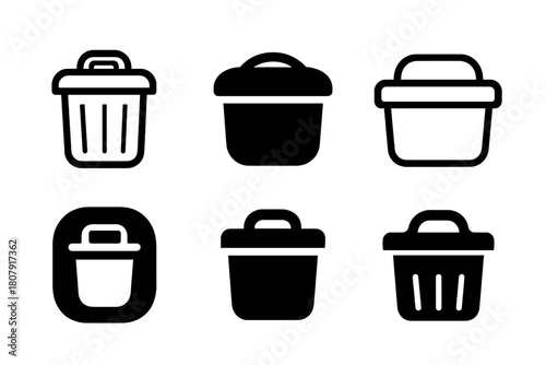 Trash Bin Icon Set. Trash bin lid. Icon set. Set Logo of Trash bin lid: Lid with handle. harmonious logo variations of the same emblematic concept (Stylized