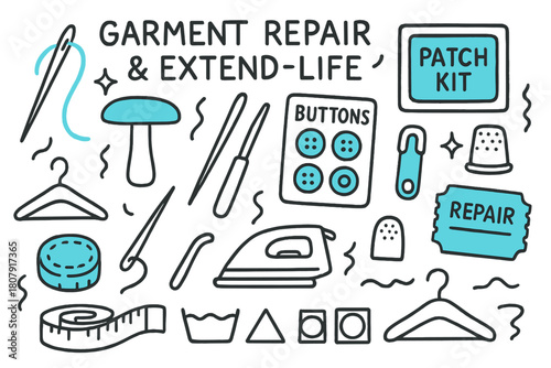 Garment Repair Tools. // Garment repair & extend-life. Hand-drawn doodle illustration garment repair & extend-life [needle & thread (accented), patch kit