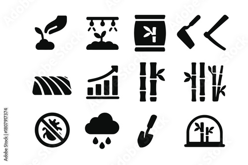 Bamboo Agriculture Icons. Bamboo agriculture. Solid icon set of Bamboo agriculture: planting seedling, irrigation system, compost bag, fertilizer icon, hoe