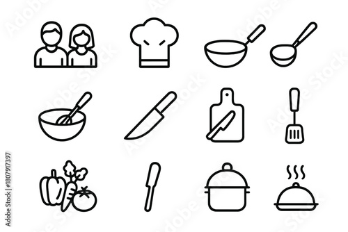 Special Occasion Cooking Icons. Special occasion cooking. Line icon set of Special occasion cooking: two people, chef hat, apron, frying pan, mixing bowl,