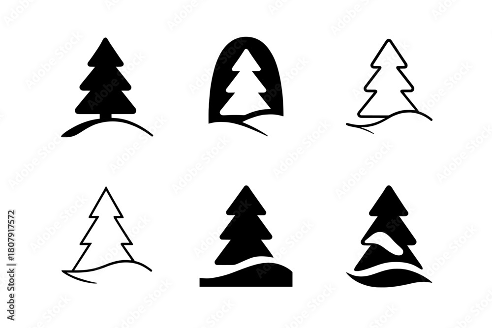 Obraz premium Snowy Emblem Designs. Snow-covered ground. Icon set. Set Logo of snow-covered ground: pine tree and snowy slope under soft curves. harmonious logo variations